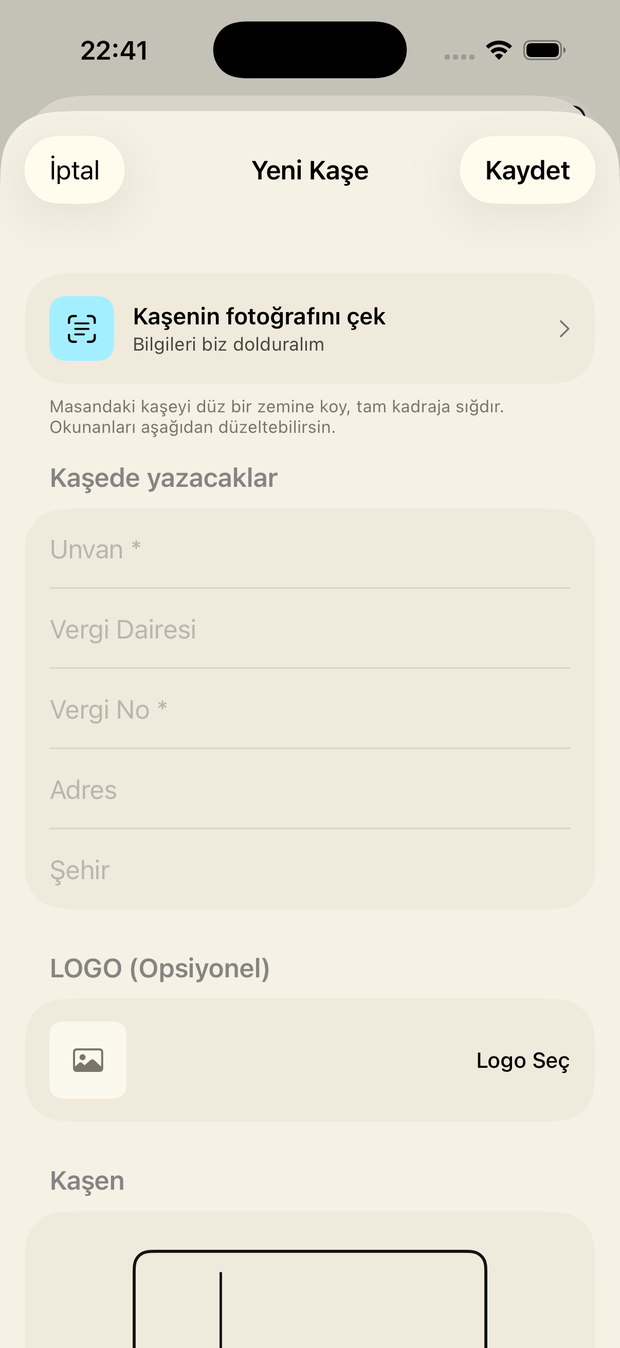 Yeni kaşe ekranı: kaşenin fotoğrafını çek seçeneği ve kaşede yazacak alanlar