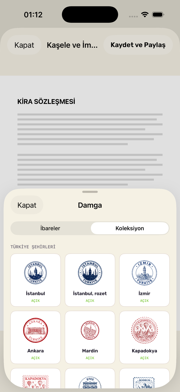 Damga seçici ekranı: koleksiyon sekmesi, Türkiye şehirleri mühürleri